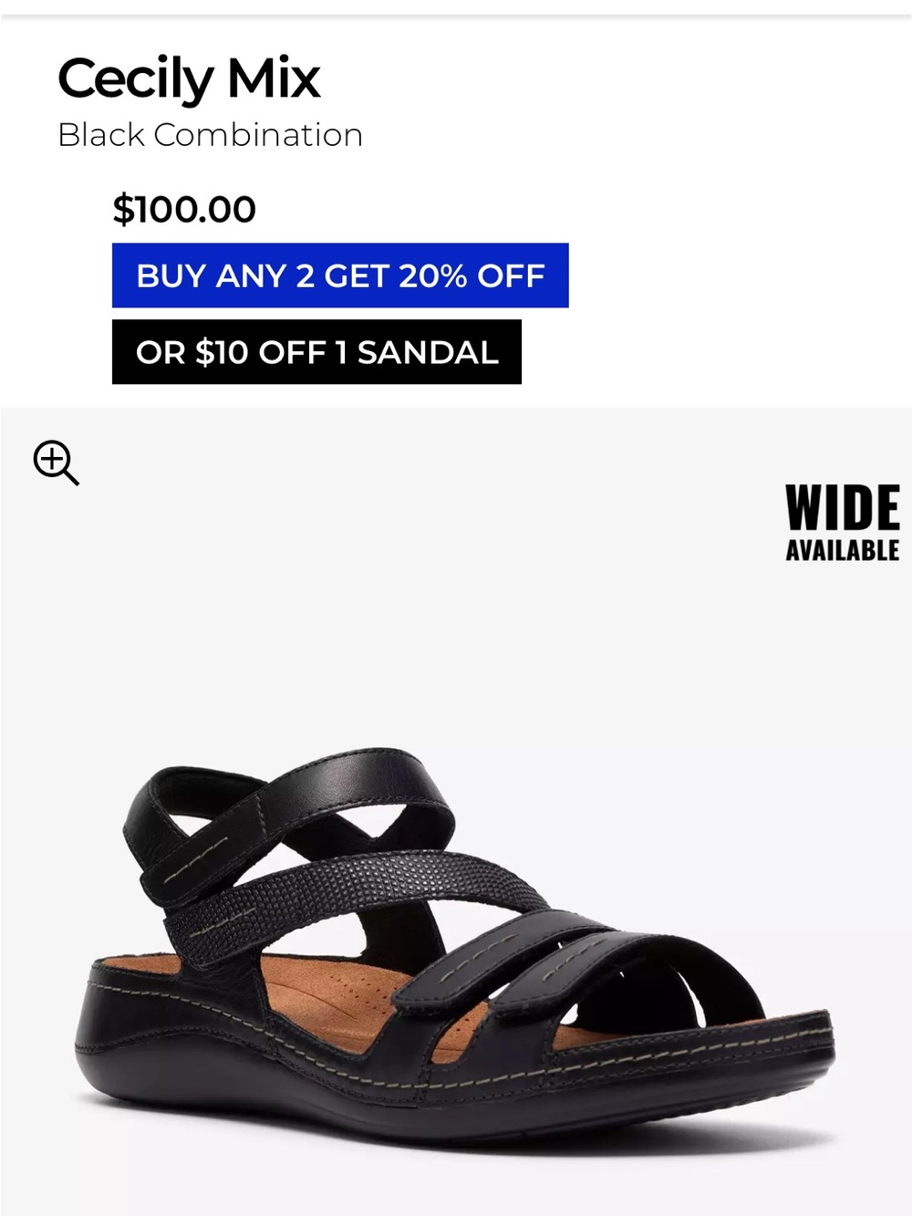Clarks Cecily Mix Black Combination Women’s Sandal. Wide. Size 5. New in box.